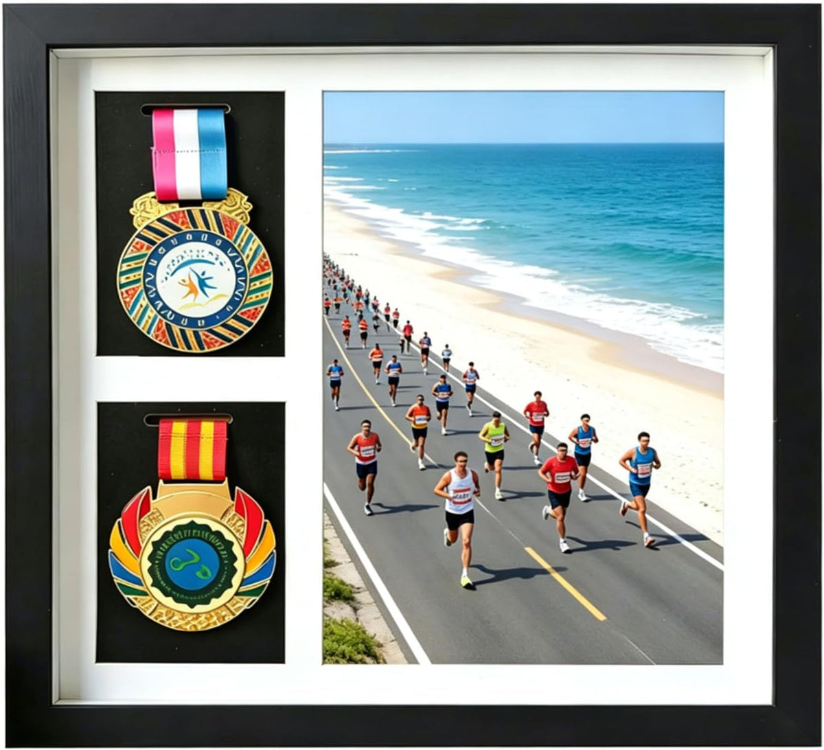 Black A4 Medal Shadow Box Frame 2 Medals Photos Marathon Military Display