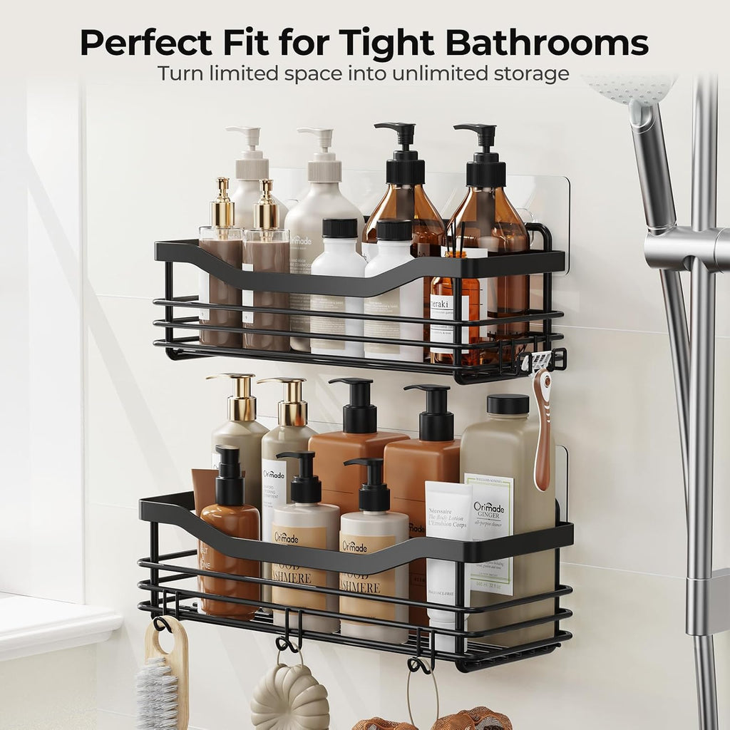 Orimade Adhesive Shower Caddy Shelf with 5 Hooks Organizer Storage Rack Rust Resistant Wall Mounted Stainless Steel No Drilling for Bathroom, Toilet, Kitchen - 2 Pack,Black