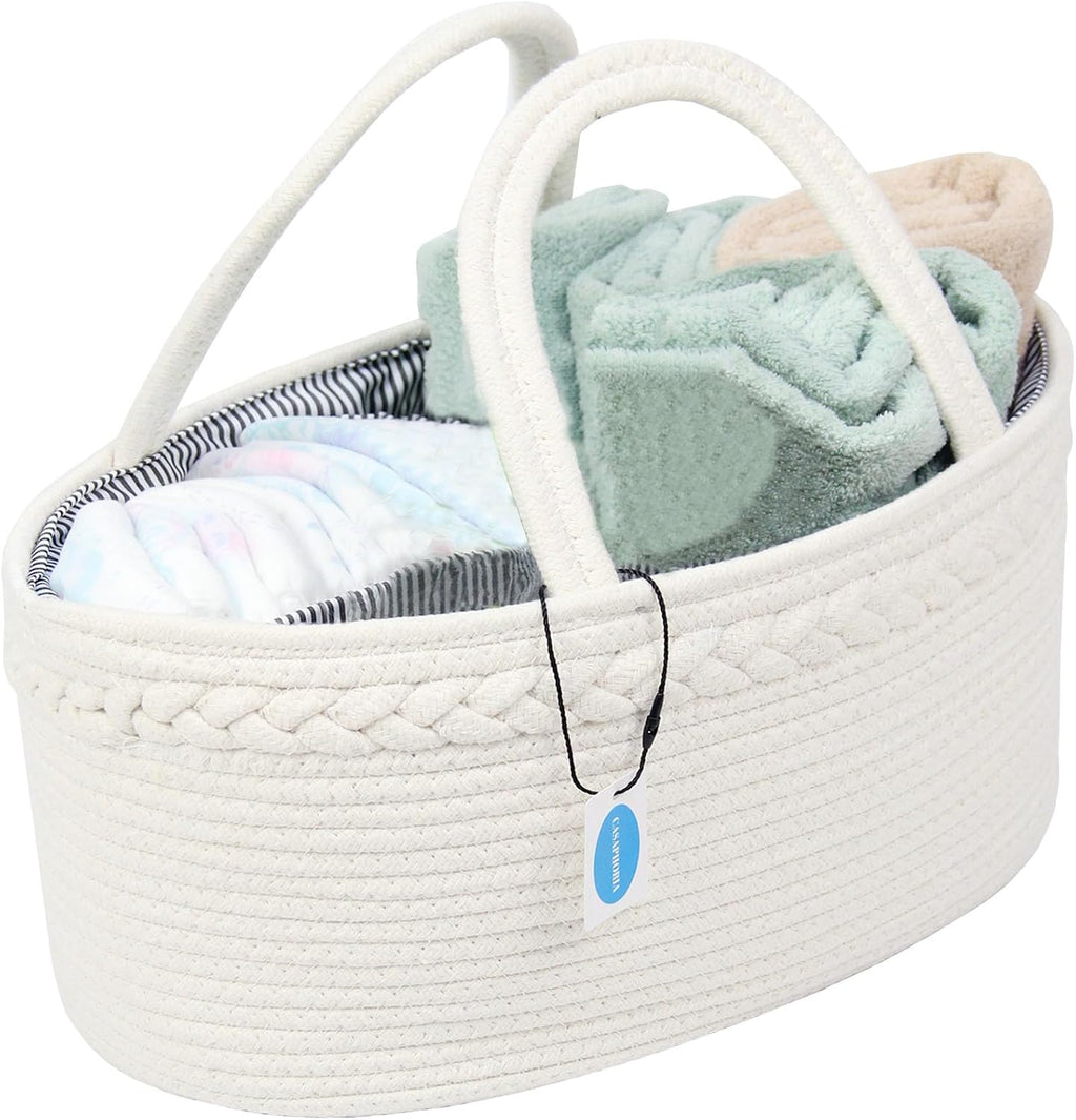 Casaphoria Woven Sundries Hamper - Cotton Rope Basket for Storage, Caddy, Organizer with Handle - Cream White (14.2"x8.5"x7.1")