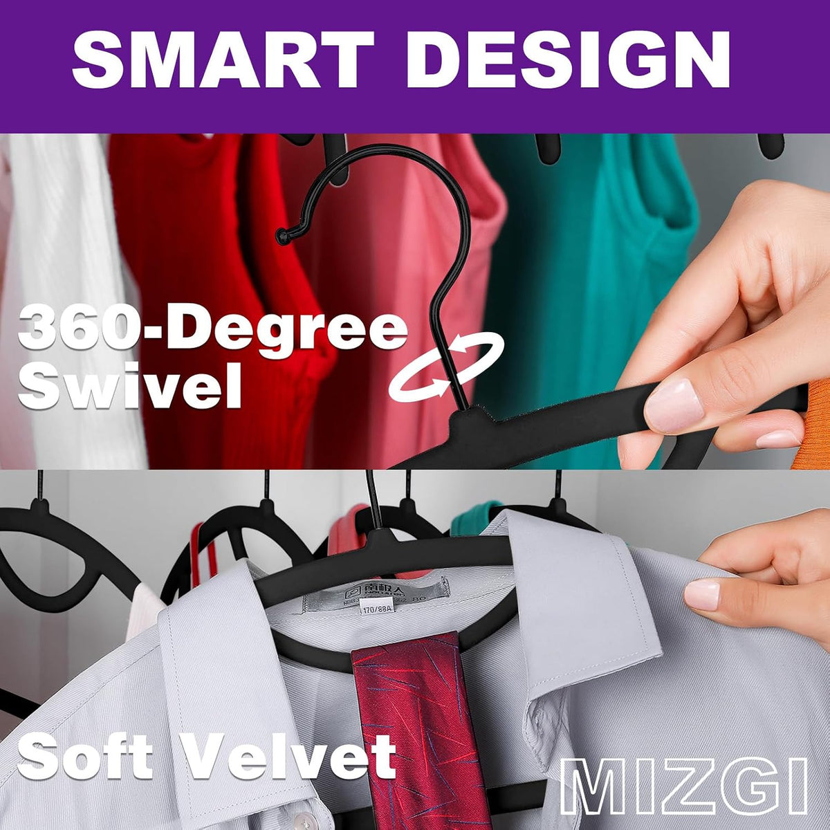 MIZGI Premium Velvet Hangers 50-Pack,No Shoulder Bump Hangers W/Tie Bar Ultra Thin Space Saving Non Slip Hanger Heavy Duty Felt Rounded Clothes Hanger for Sweaters,Coat,Jackets,Pants,Shirts