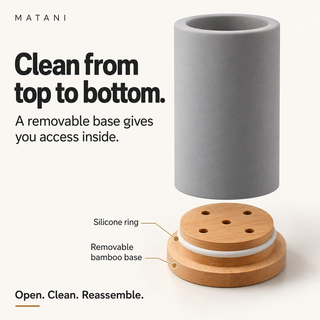 Matani Bamboo Toothbrush Holder Diatomite Tooth Brush Organizer - Storage Stand for Small Bathroom & Counter - Removable Base & Drain Holes, Water-Absorbent & Quick-Drying (Grey)