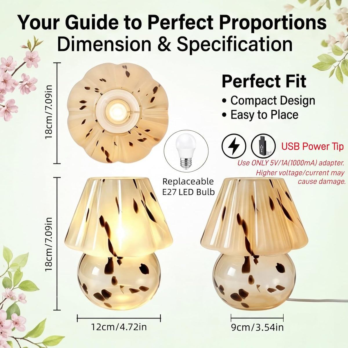 Glass Mushroom Lamp 3-Color Dimmable Table Lights for Home Decor