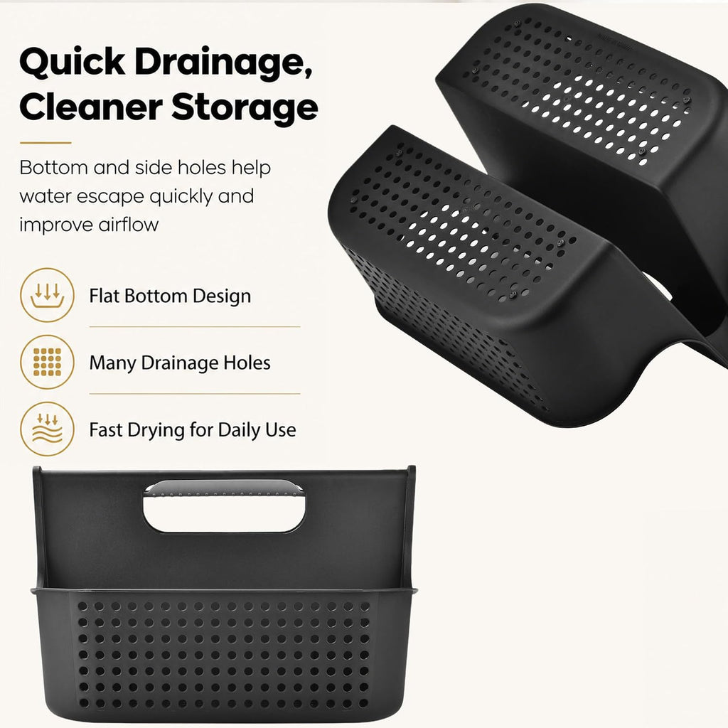 Haundry Portable Shower Caddy Basket, 2 Compartments Plastic Cleaning Caddy Organizer, Large Storage Tote with Handle for Bathroom, College, Dorm Room Essentials, Black
