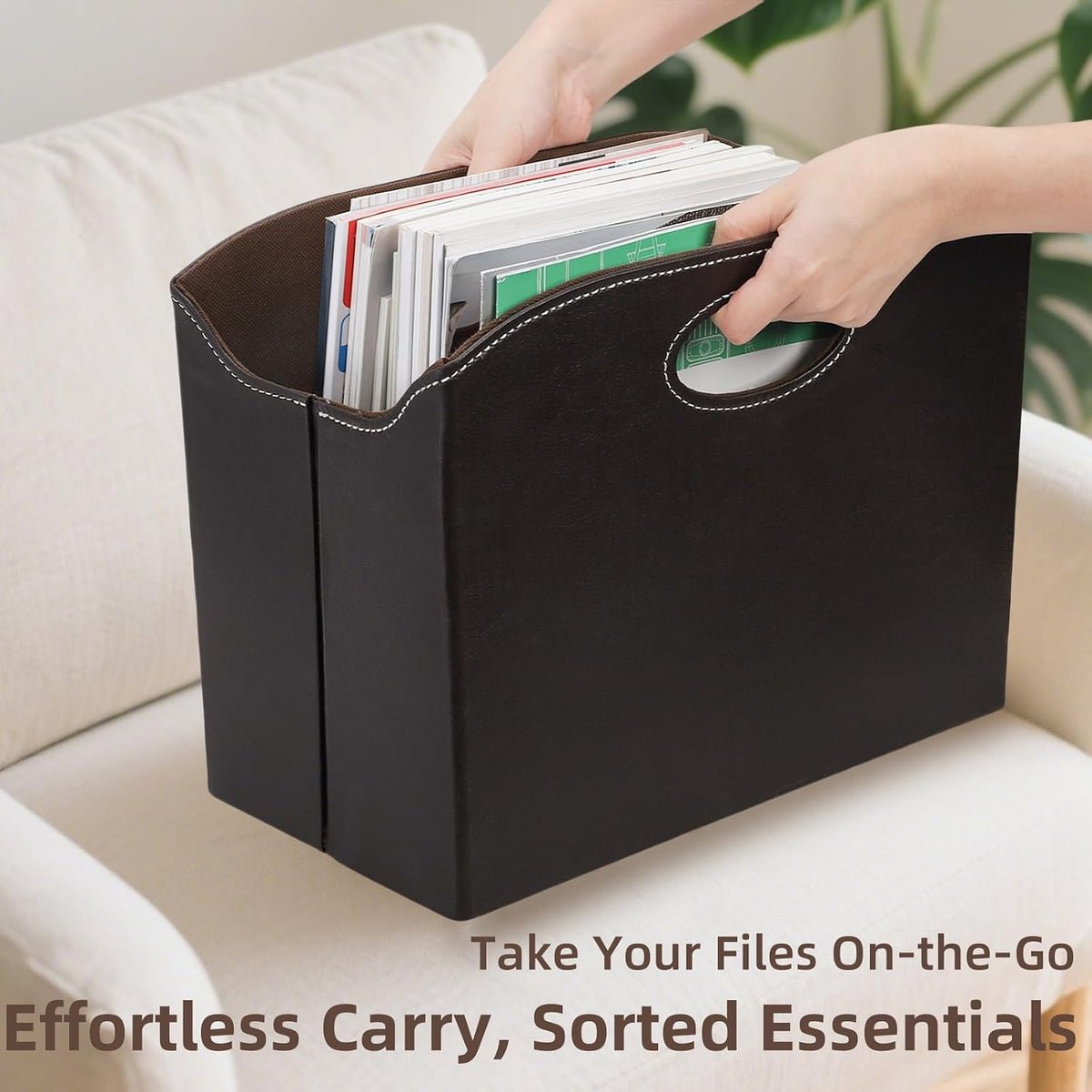 WRINGKIT Leather Magazine File Holder, Foldable Magazine Basket with Handle