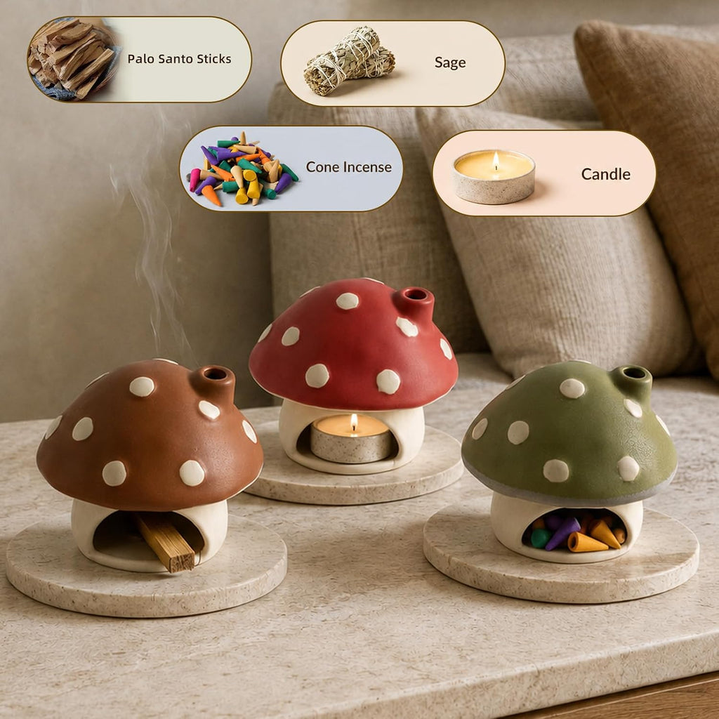 Ceramic Mushroom Incense Burner for Sticks, Cones and Palo Santo
