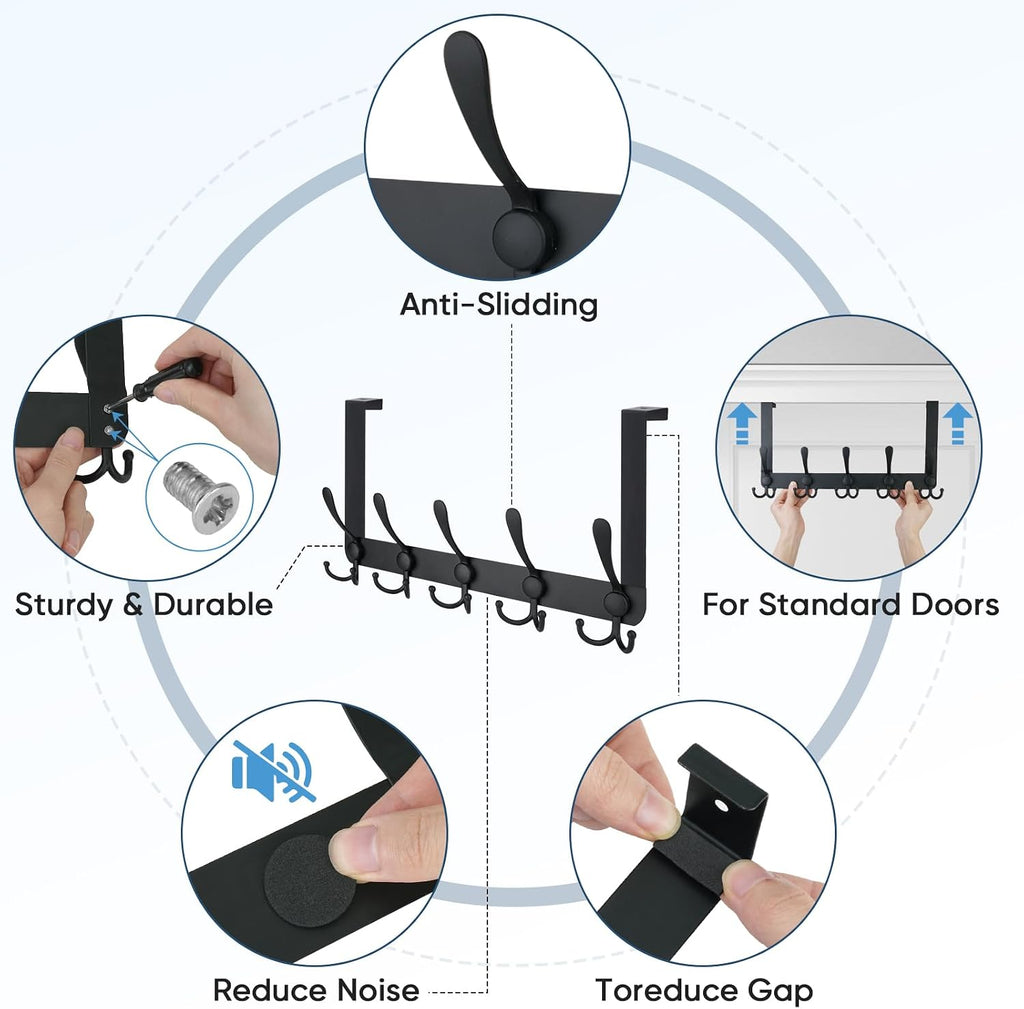 TICONN Over The Door Hooks, 5 Heavy Duty Tri Coat Rack All Metal Coat Hanger for Bathroom Bedroom Dorm (Matte Black, 1PK, Fit 1-3/8" Doors)