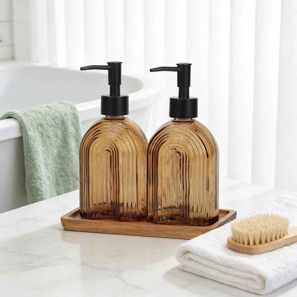 Glass Soap Dispenser Set with Wooden Tray, 11.6Oz Refillable Liquid Modern Soap Dispenser with Plastic Pump for Hand and Dish Set for Bathroom Countertop Decor (Amber)