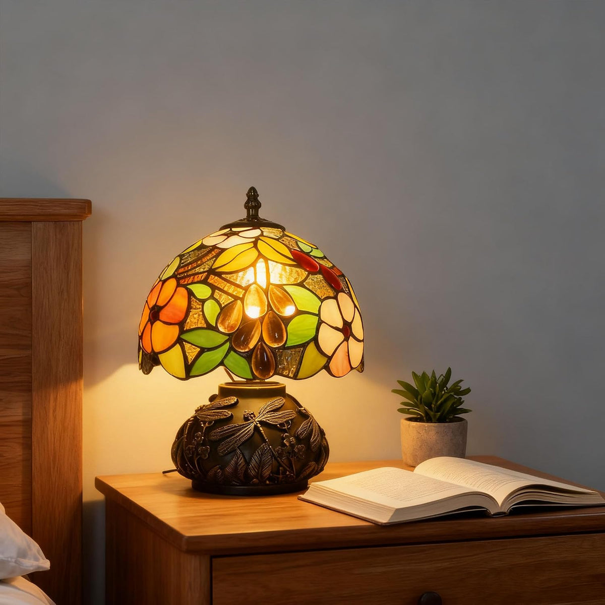 Tiffany Table Lamp 3-Way Stained Glass Style Bedside Reading Lamp Village Bedroom Nightstand Light 12inch Tall Office Home Decor Retro Unique Accent Lamp (Grapes Leaves)