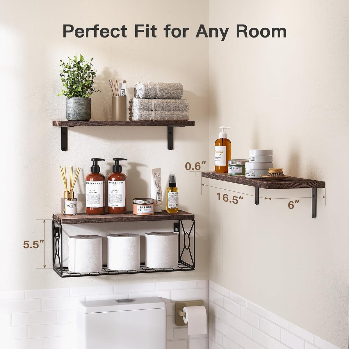 Amada Bathroom Shelves with Storage Basket, Set of 3, Rustic Brown