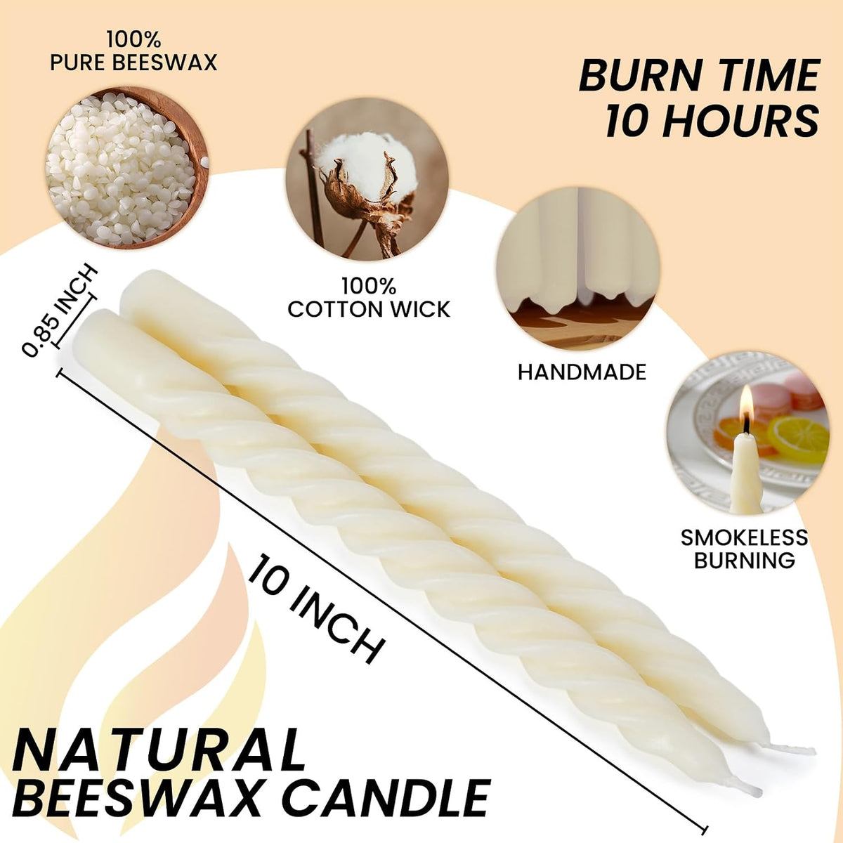 2PCS 10" Pure Beeswax Taper Candles, Cream White, Spiral Bees Wax Candle