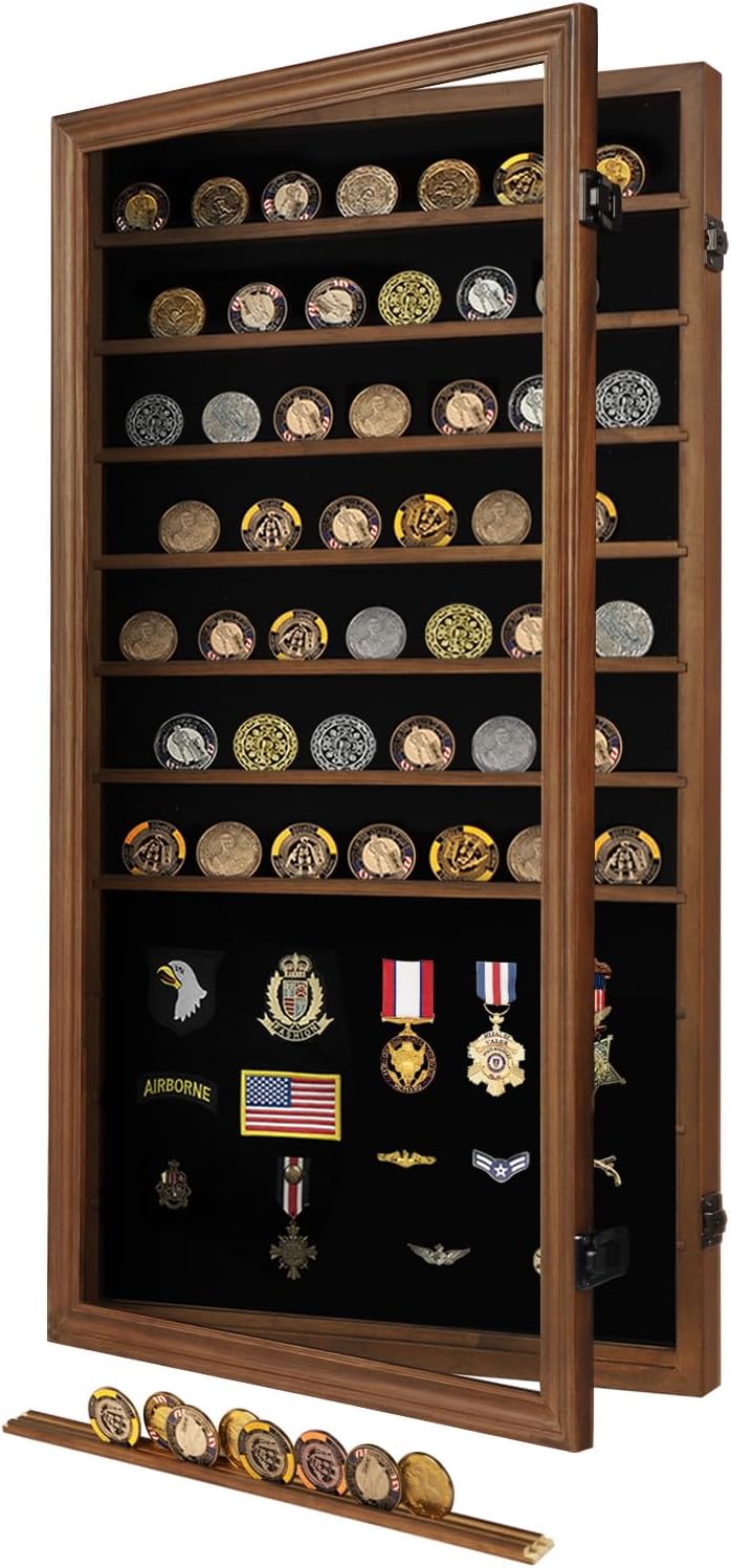 Oversized Military Challenge Coin Display case for Badges & Ribbons Walnut