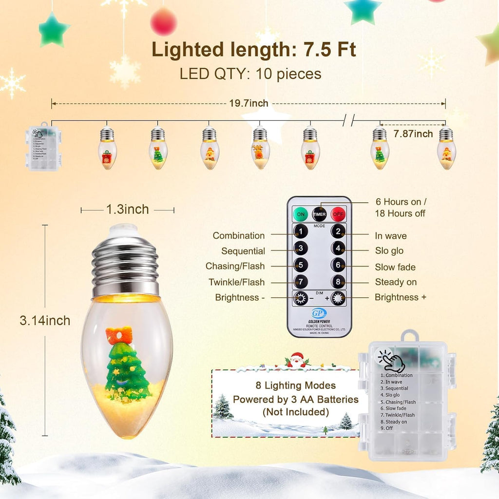 Brightown Indoor Christmas Lights, 7.5FT Battery Powered String with Santa, Gifts and Adorable Ornaments Inside Snow Globes, Ideal for Tree, Party, Garland Decor