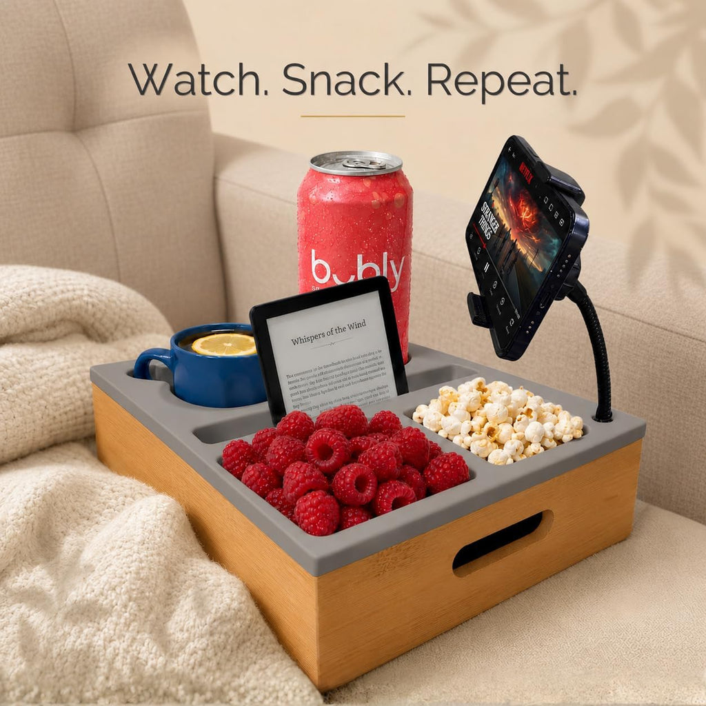 Couch Caddy with Cup Holder | Wood Couch Cup Holder Tray for Drinks, Snacks & Remotes | Sofa Couch Organizer with Phone & Cup Holder Tray (Grey)