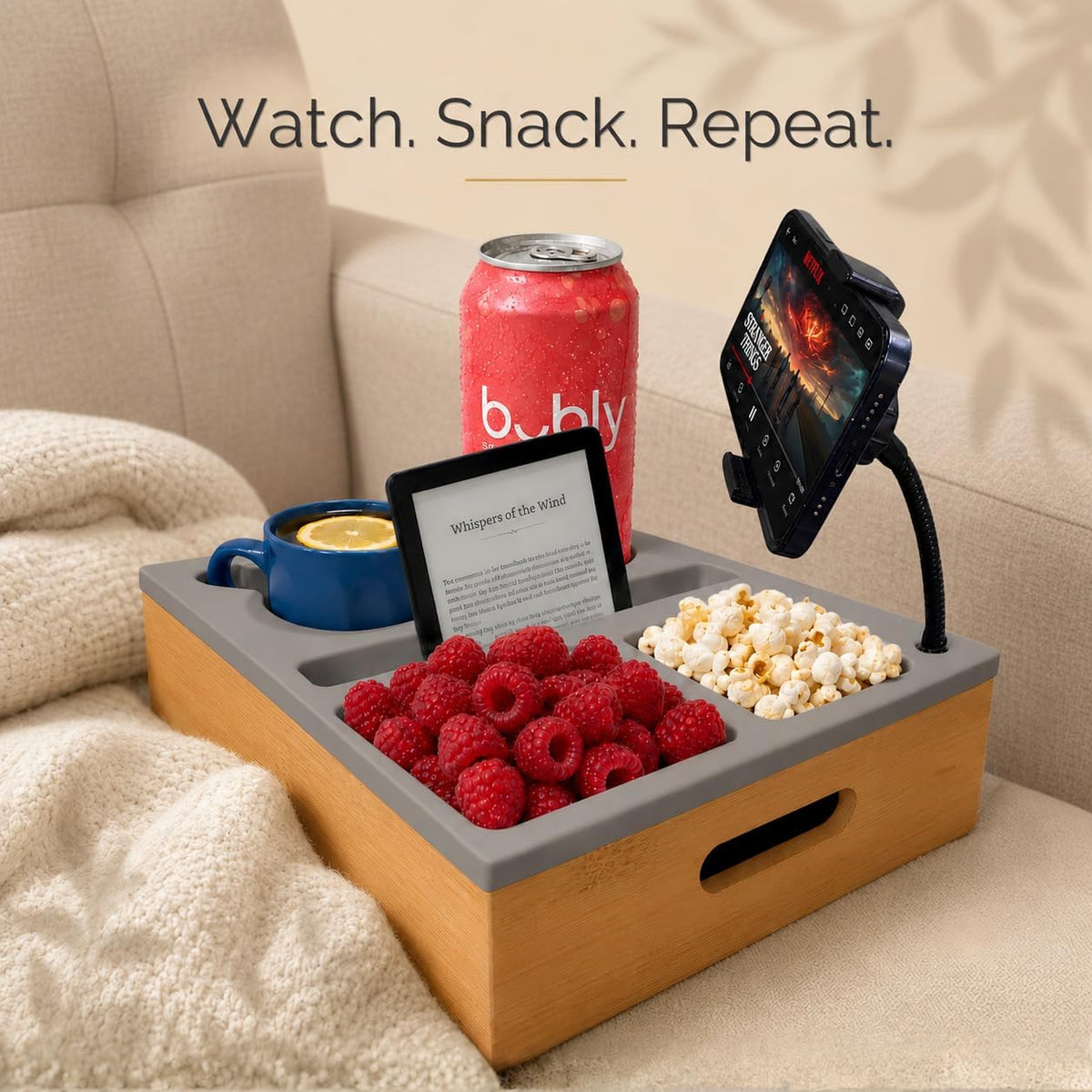 Couch Caddy with Cup Holder | Wood Couch Cup Holder Tray for Drinks, Snacks & Remotes | Sofa Couch Organizer with Phone & Cup Holder Tray (Grey)
