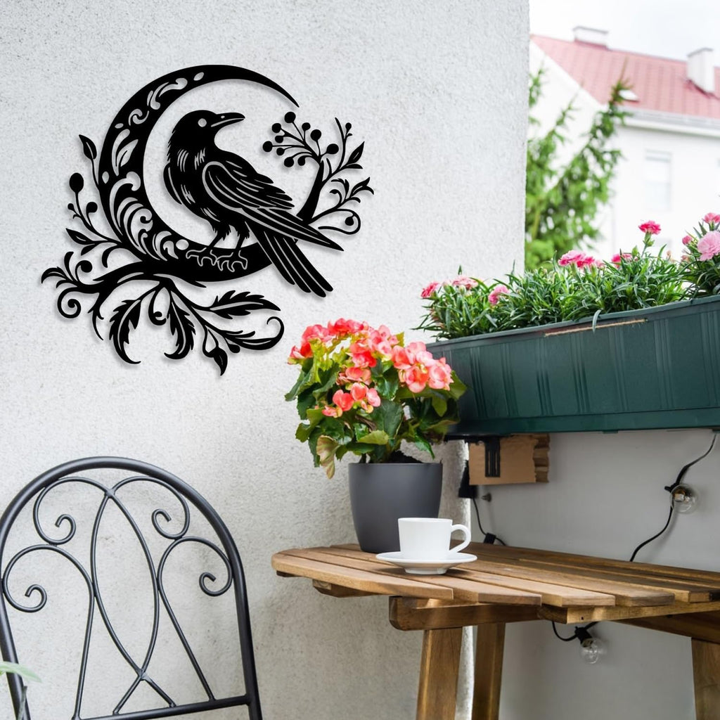 LIYOUYA Crow Moon Flower Metal Wall Decor - Nordic Gothic Style Room Decor Black Wall Art Home Decor for Living Room, Bathroom, Bedroom, Dining Room (Black)