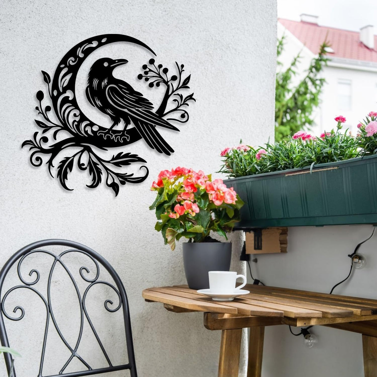 LIYOUYA Crow Moon Flower Metal Wall Decor - Nordic Gothic Style Room Decor Black Wall Art Home Decor for Living Room, Bathroom, Bedroom, Dining Room (Black)