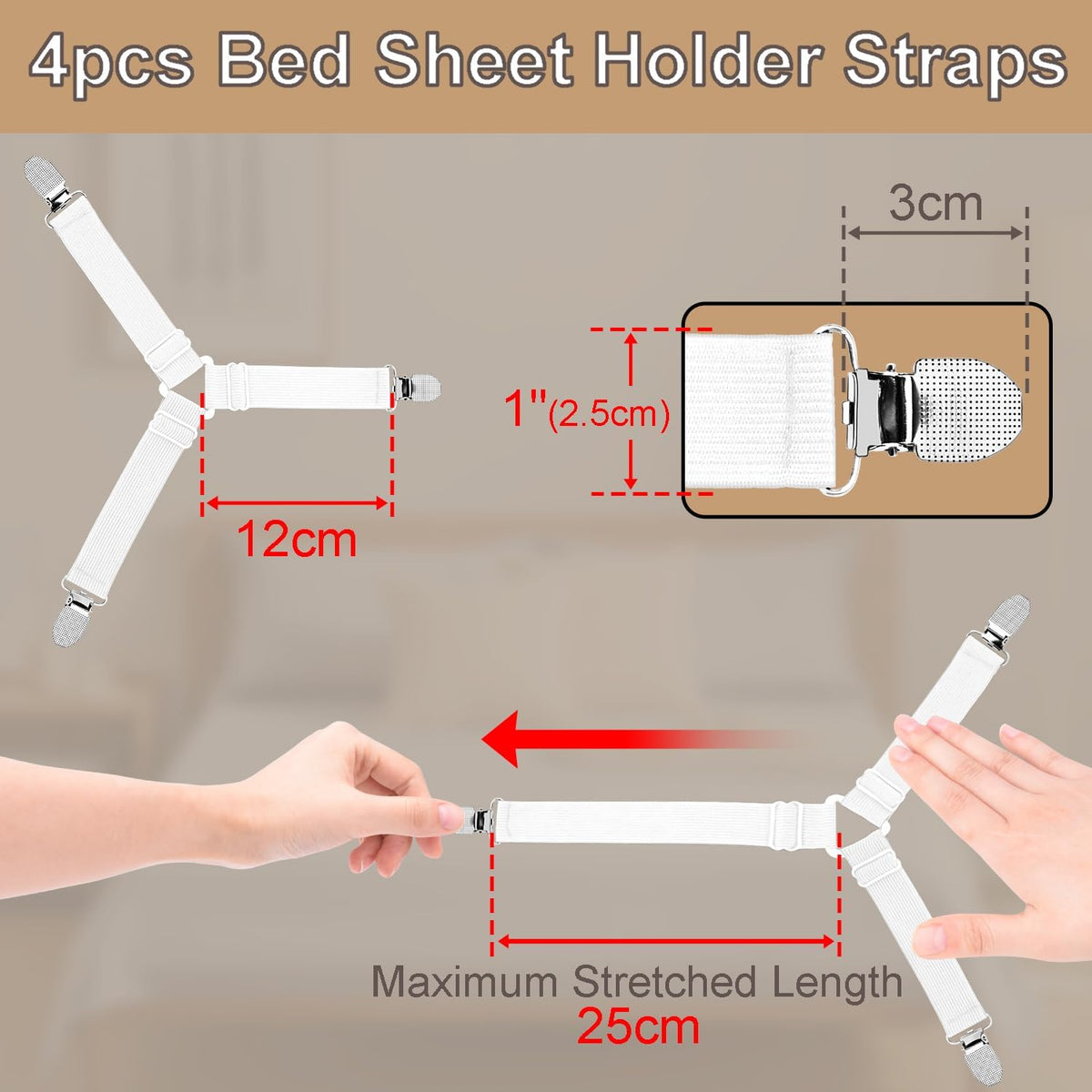4 Pack Mattress Elastic Straps, Elastic Bed Sheet Holders for Corners Fitted Straps Clip Adjustable Bedsheet Grippers Mattress Sheet Corner Holders, Fitted Bedsheet Clip for Bedding Sofa Cover