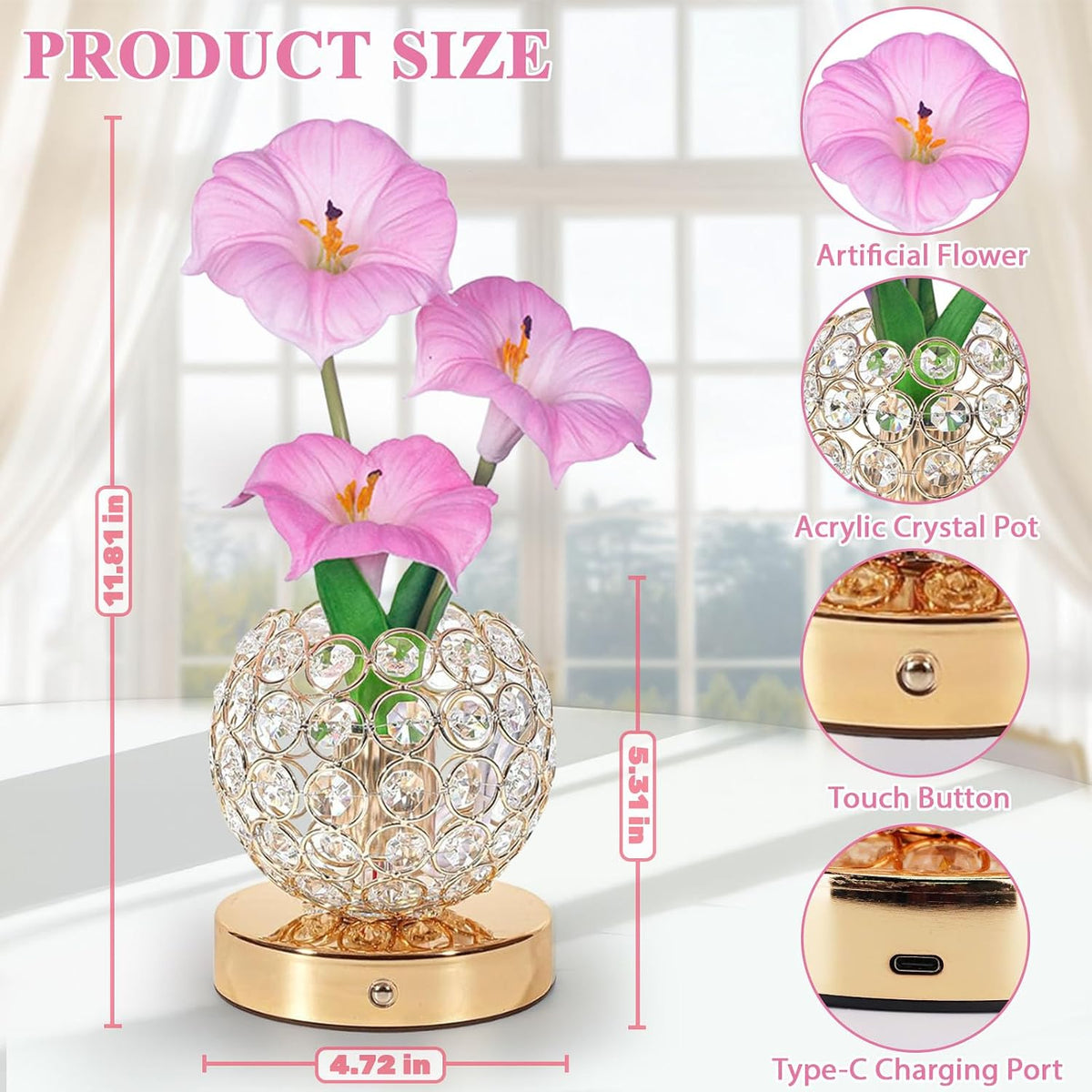Flower Table Lamps, Rechargeable Cordless Desk Lamp, 3 Colors Dimmable Artificial Flowers Night Light, Morning Glory with Crystal Vase for Home Date Party Decoration (Morning Glory-Pink)