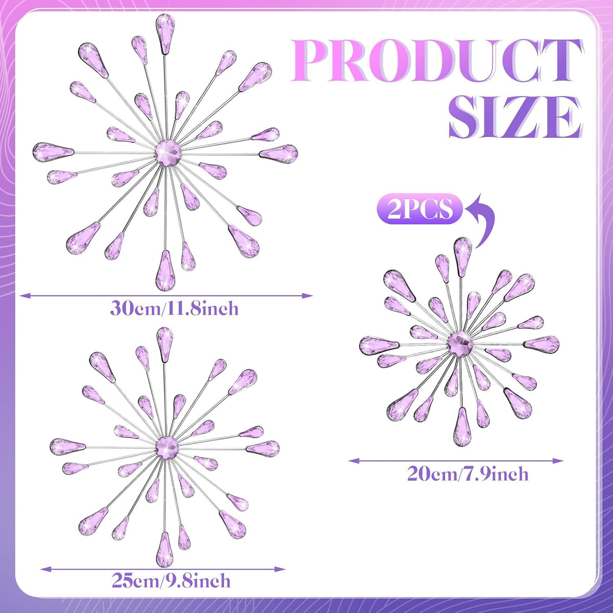 Hicarer 4 Pcs Starburst Wall Decor, Bling Metal Wall Art, Purple