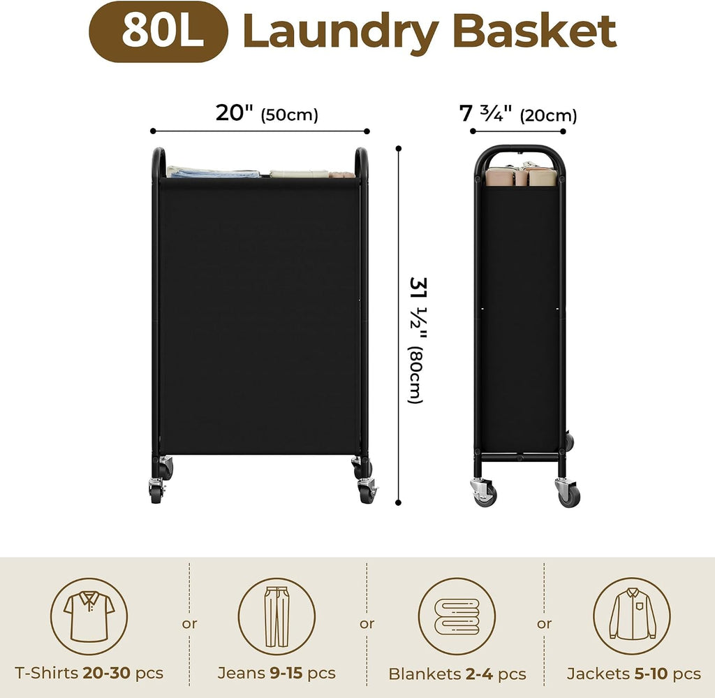GRANNY SAYS Laundry Hamper, Slim Basket with Wheels and Handles, Black, 80L