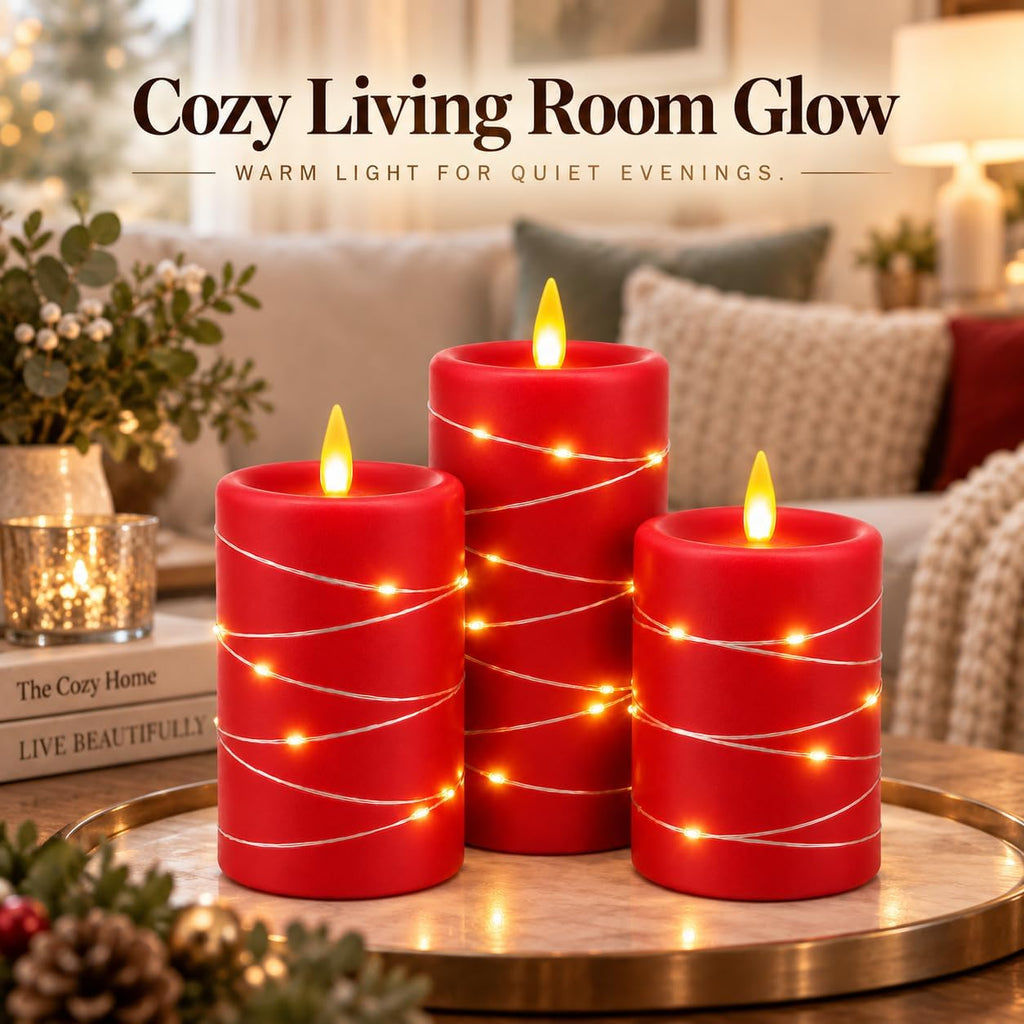 Upinmz RED Flameless Candles with Fairy Lights, Battery Operated, Set of 3