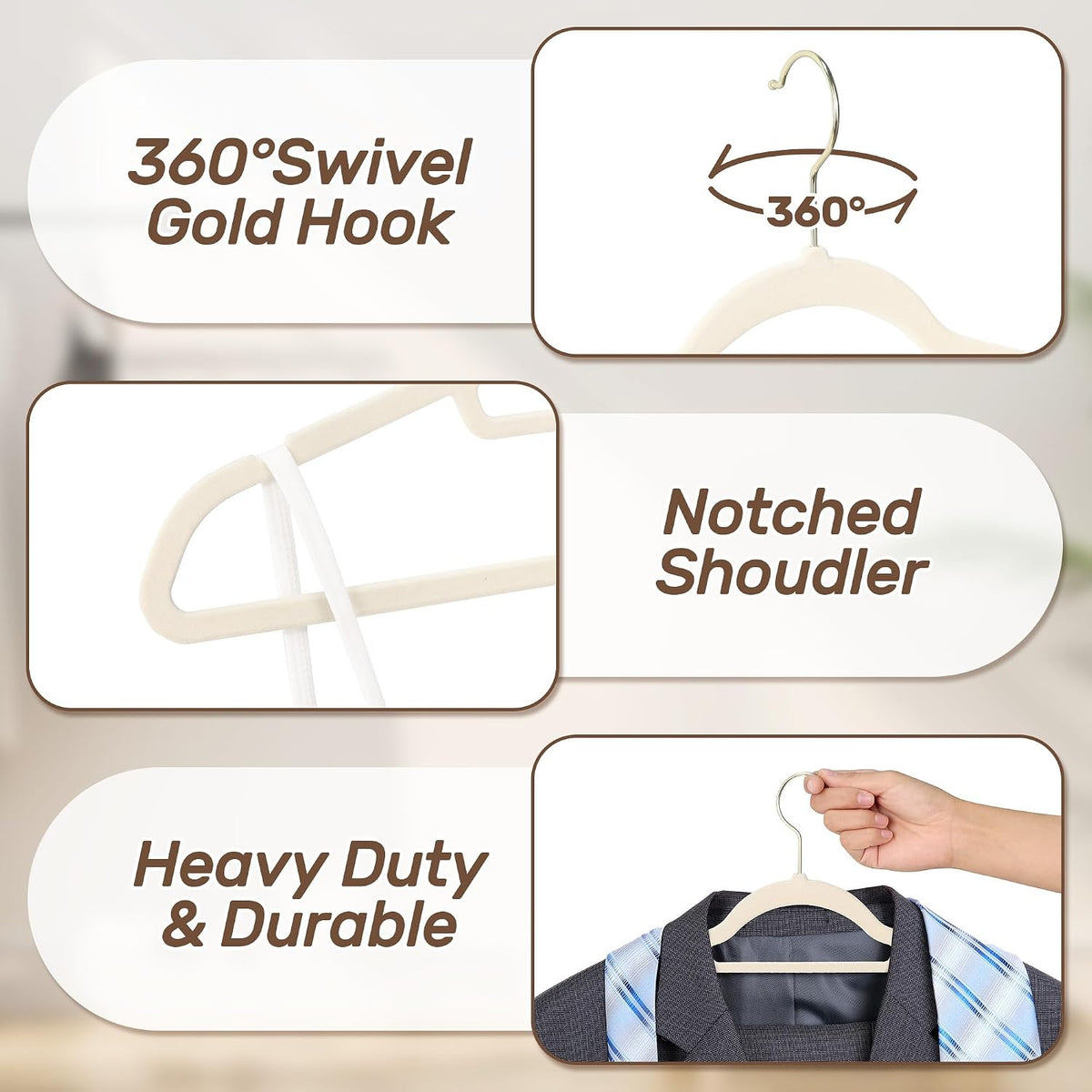 Velvet Hangers 30 Pack with Gold Hooks, Non-Slip Felt Clothes Hangers Beige