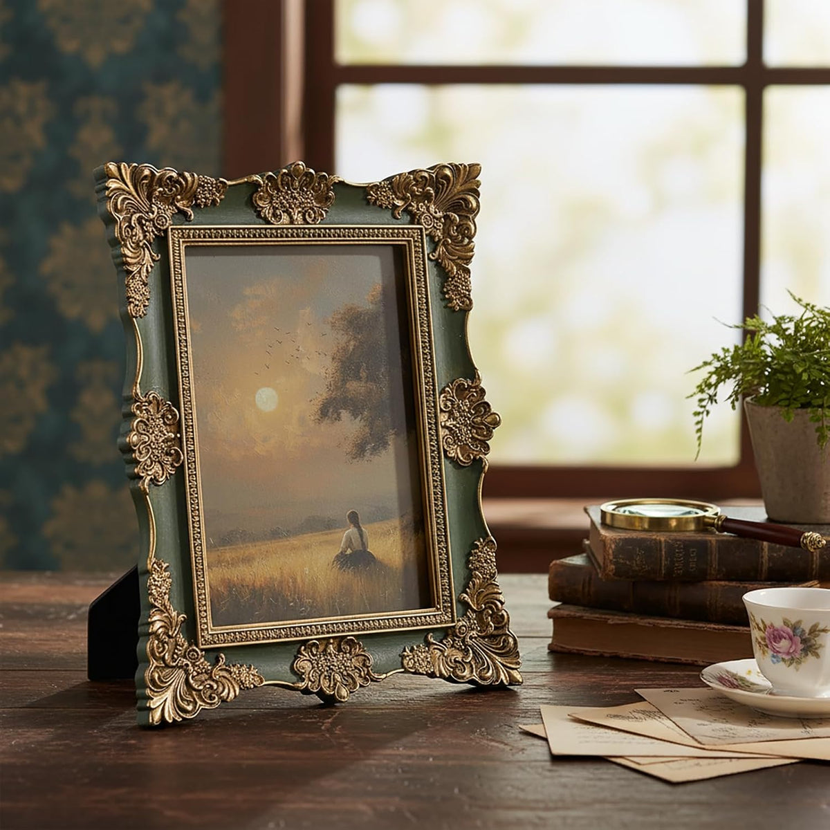 5x7 Vintage Picture Frames -5x 7 Antique Picture Frame, Ornate Frames 5 X 7 With Glass Front For Tabletop Photo Display And Wall Hanging, Victorian Poster Frame 5 By 7 (Lake Green, 5X7)