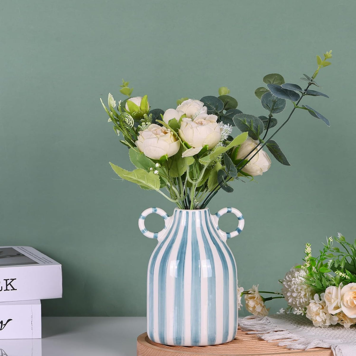 Green and White Ceramic Vase with Handle, Nordic Boho Small Vases Side Table Flower Centerpiece, Wide Mouth Single Flower Vase Pampas Grass Decorative - for Home Window Sill Living Dining Room Kitchen