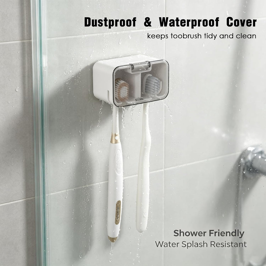 Toothbrush Holder Wall Mounted with Pop-Up Waterproof Cover, 2 Slots & Ventilated, No-Drill Adhesive Bathroom Organizer, Detachable Easy Clean, Fits Most Manual & Electric Toothbrushes (2pc Grey)