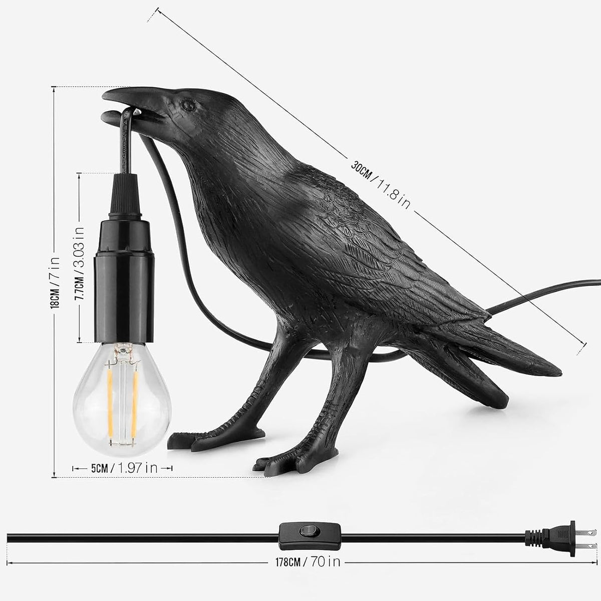 Gothic Raven Table Lamp, Black Lamp with E14 Base