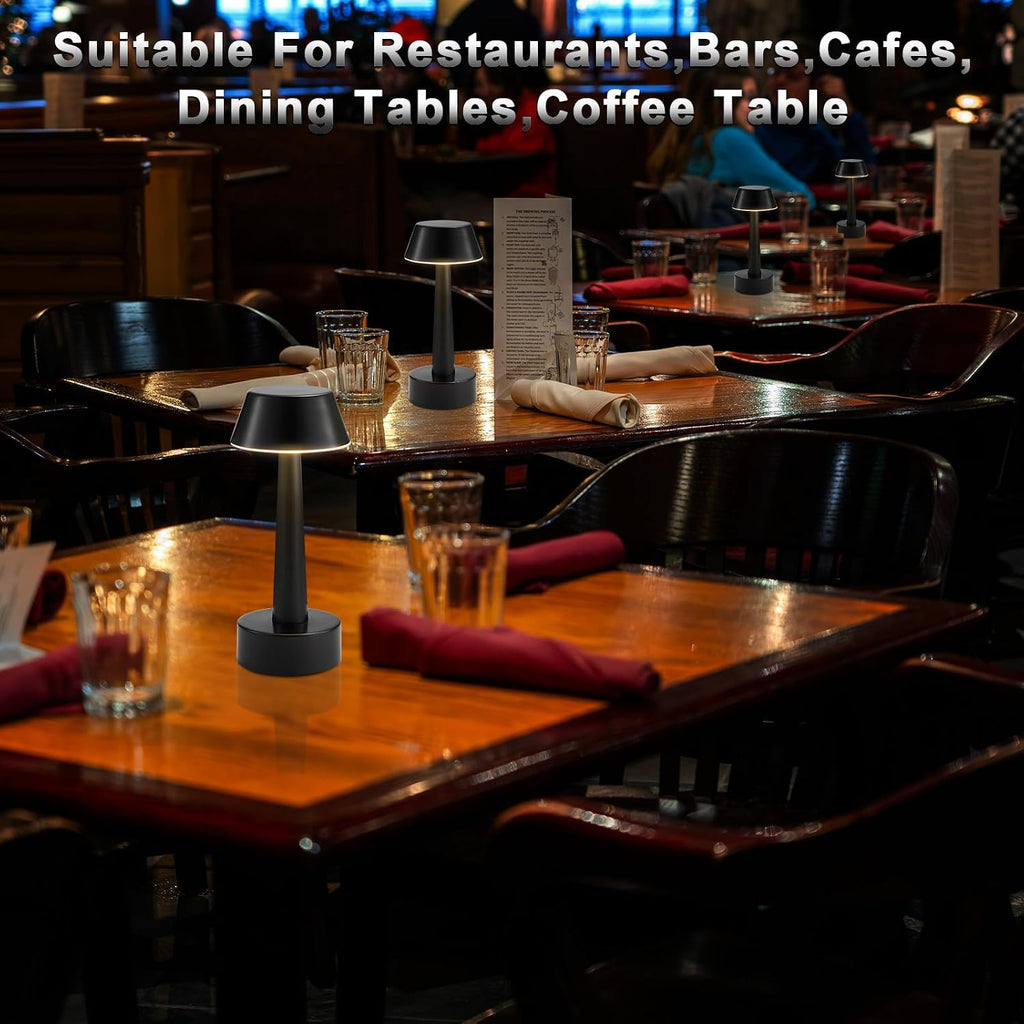 2 Pack Small Cordless Table Lamp for Restaurant, Black Metal Lamp