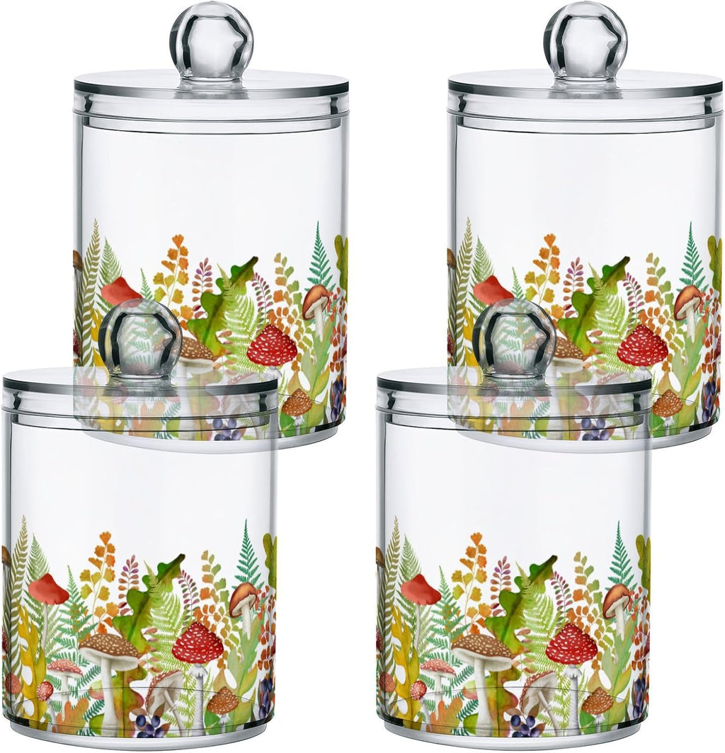 Fall Leaf Mushroom Apothecary Jars with Lids for Bathroom - 10 OZ Qtip Holder Clear Plastic Jar Storage Canister for Cotton Balls, Swabs, Makeup Organizer, 4 Pack