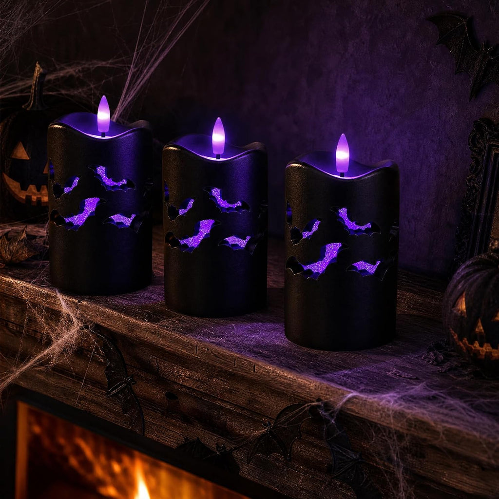 Halloween Flameless Pillar Candles with Bat Cutouts, Remote Control, 3 Pack