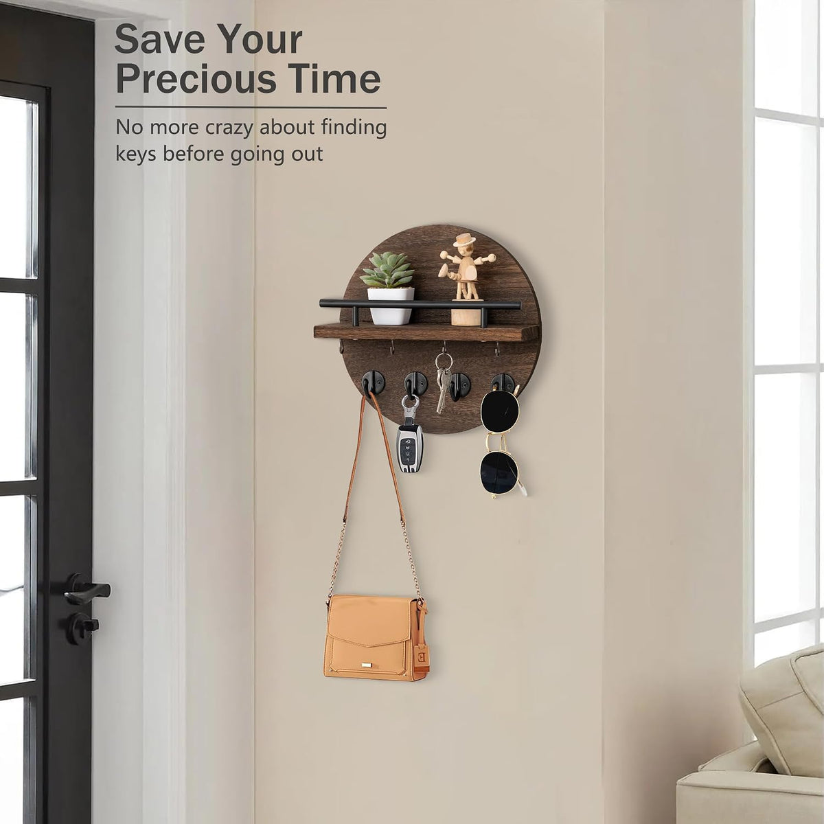 10.2" Key Holder Wall Mount with Shelf & Mail Organizer, 8 Hooks Brown