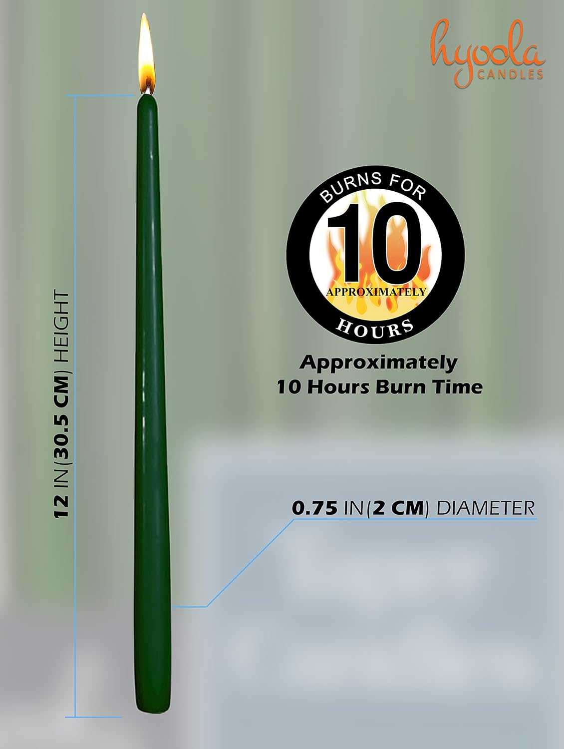 Hyoola 12 Pack Tall Taper Candles - 12 Inch Hunter Green Dripless, Unscented Dinner Candle - Paraffin Wax with Cotton Wicks - 10 Hour Burn Time