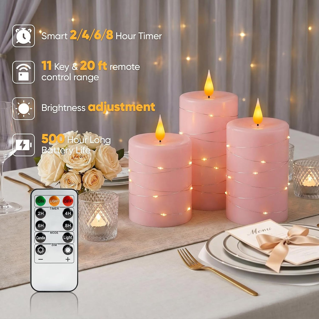 Amagic Real Wax Flameless Candles with Embedded String Lights Set of 3 Pink