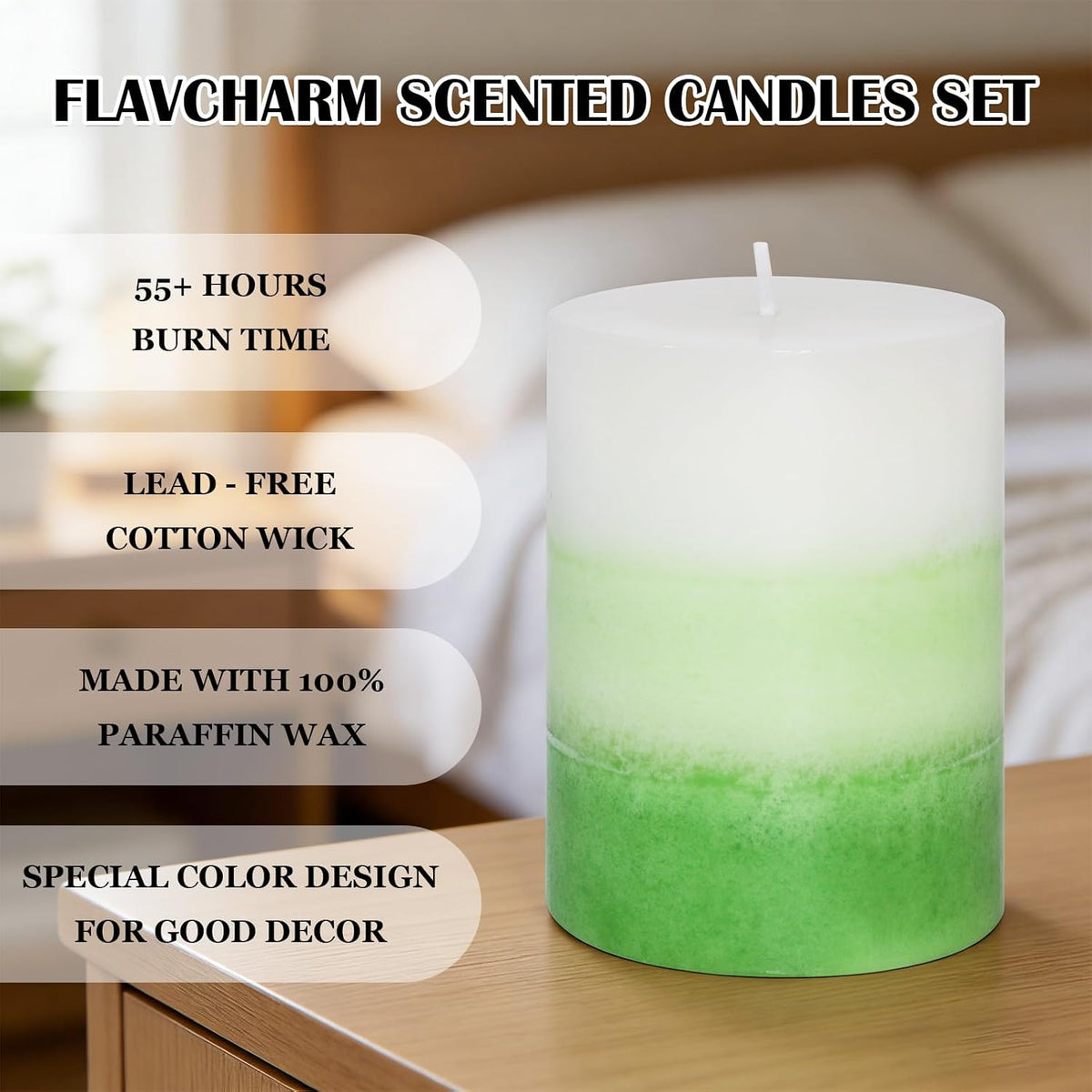 Pillar Candles 3x4 Inch Eucalyptus Scented Hand-Poured Layered Green Gradient Candle Long Lasting Clean Burn Candle for Home Scented Relaxation Spa Holiday Dinner Table Rustic Decor, 3 Pack