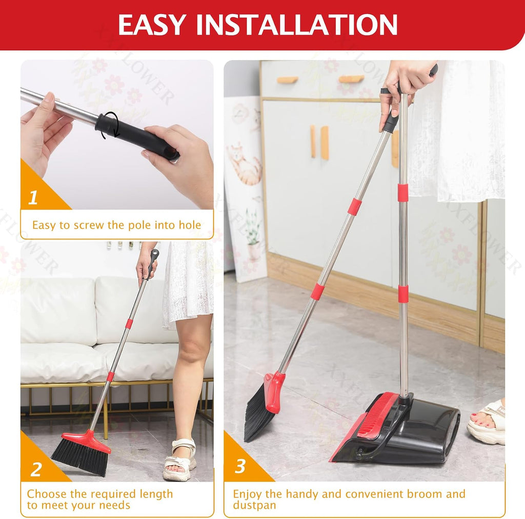 Broom and Dustpan Set,54.72"Long Handle,Standing Dustpan,Black&Red