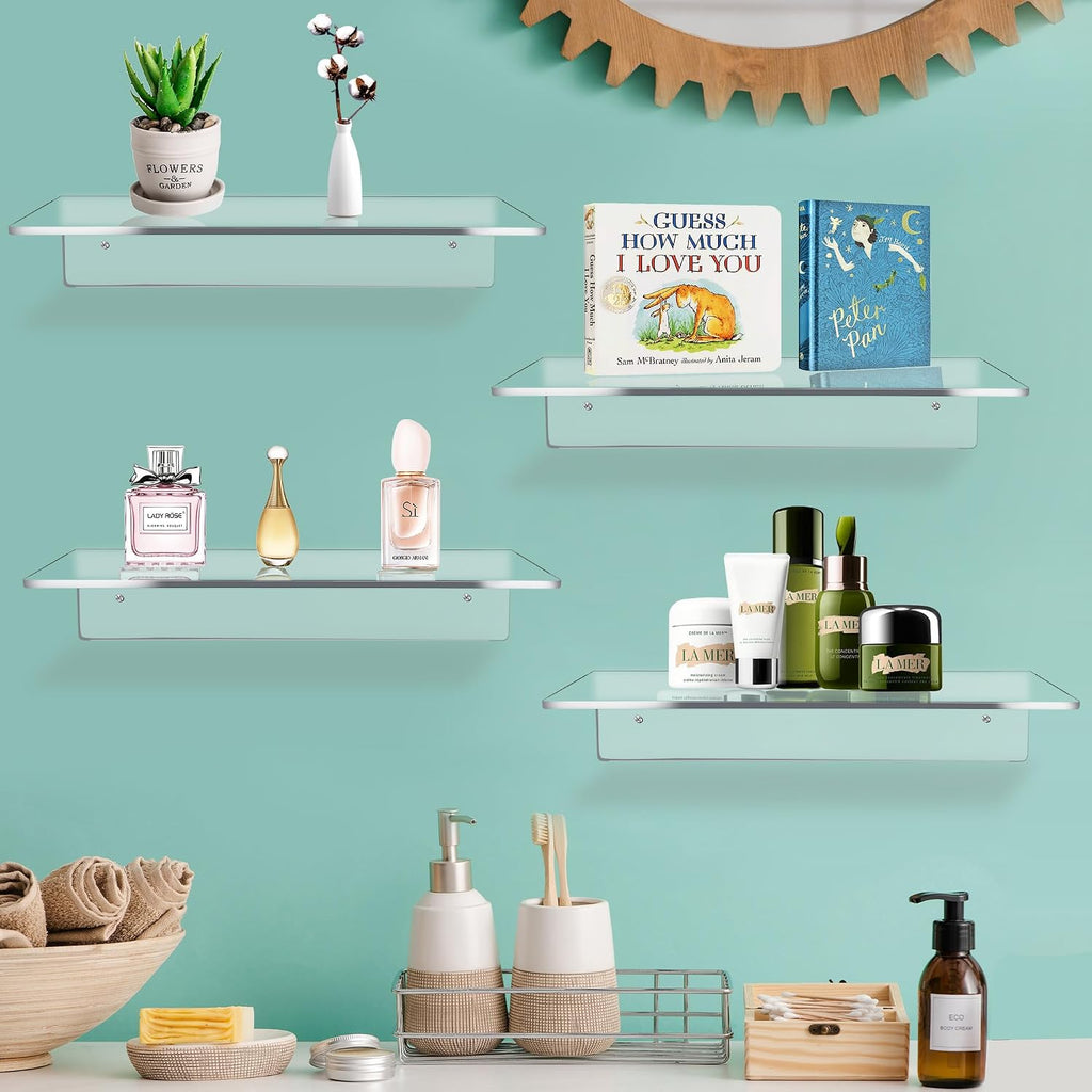 Jansburg 12 Inch L-Shaped Acrylic Floating Shelf Clear Wall Mounted Shelves Invisible 5MM Thick Shelf for Wall Storage Clear Shelves for Makeup Photo Picture Book Record Display 3 Pack