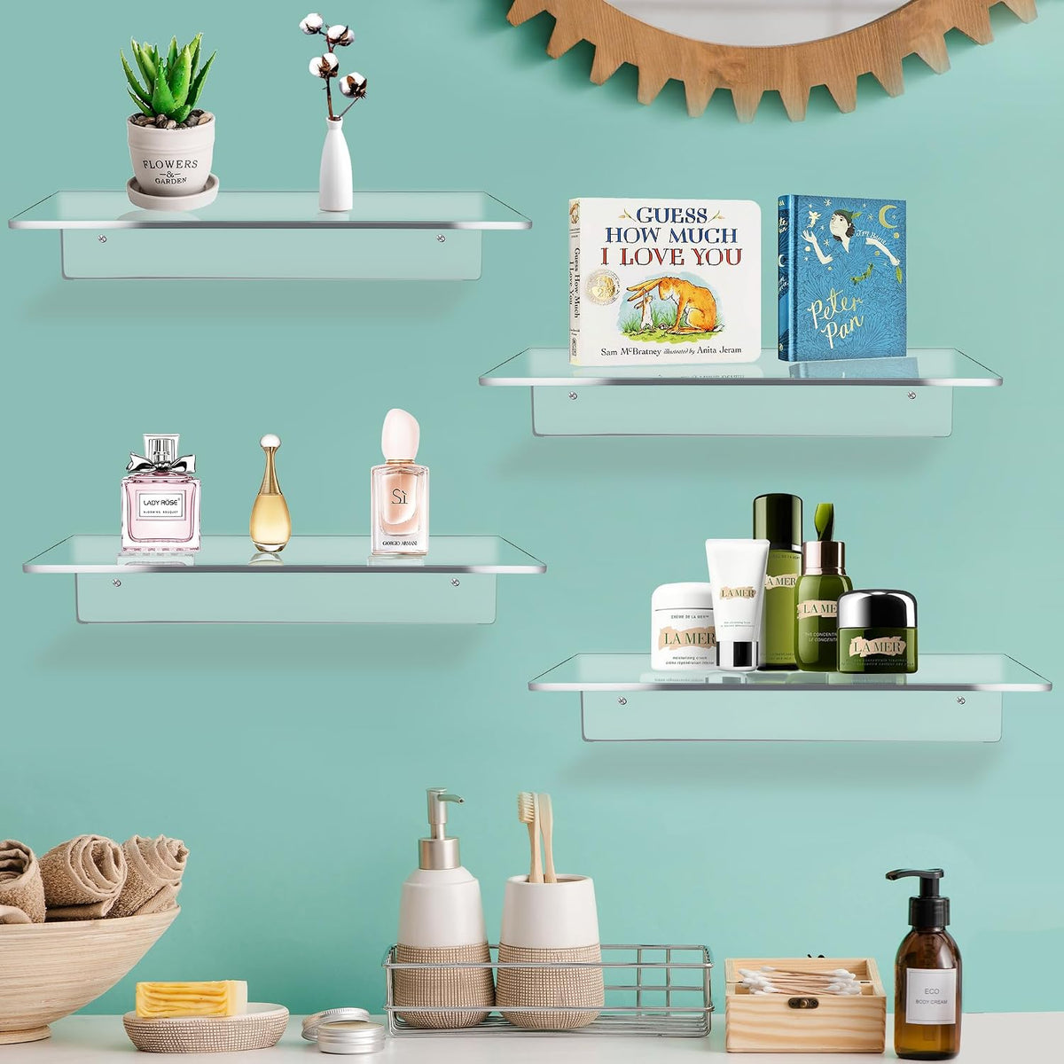 Jansburg 12 Inch L-Shaped Acrylic Floating Shelf Clear Wall Mounted Shelves Invisible 5MM Thick Shelf for Wall Storage Clear Shelves for Makeup Photo Picture Book Record Display 3 Pack