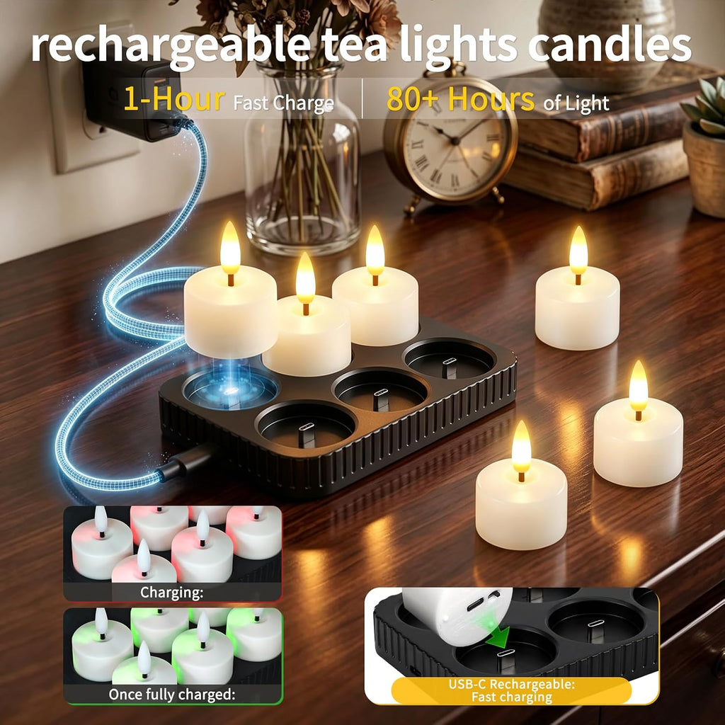 Rechargeable Flameless Candles with Remote Timer & Charging Base (6 Pack)