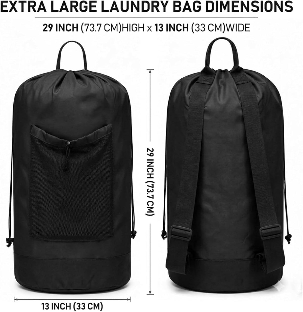 Backpack Laundry Bag Durable Polyster Laundry Backpack Bag with Shoulder Straps, Drawstring Closure & Mesh Pocket, Large Clothes Hamper for Dorm, Travel, Laundromat (Black)