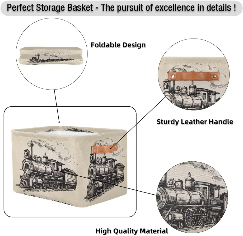 Large Storage Baskets for Organizing Shelves Vintage Steam Locomotive Train Foldable Cube Storage Bins with Handles Rectangle Fabric Closet Organizers for Home Toys Clothes, 1 Pack