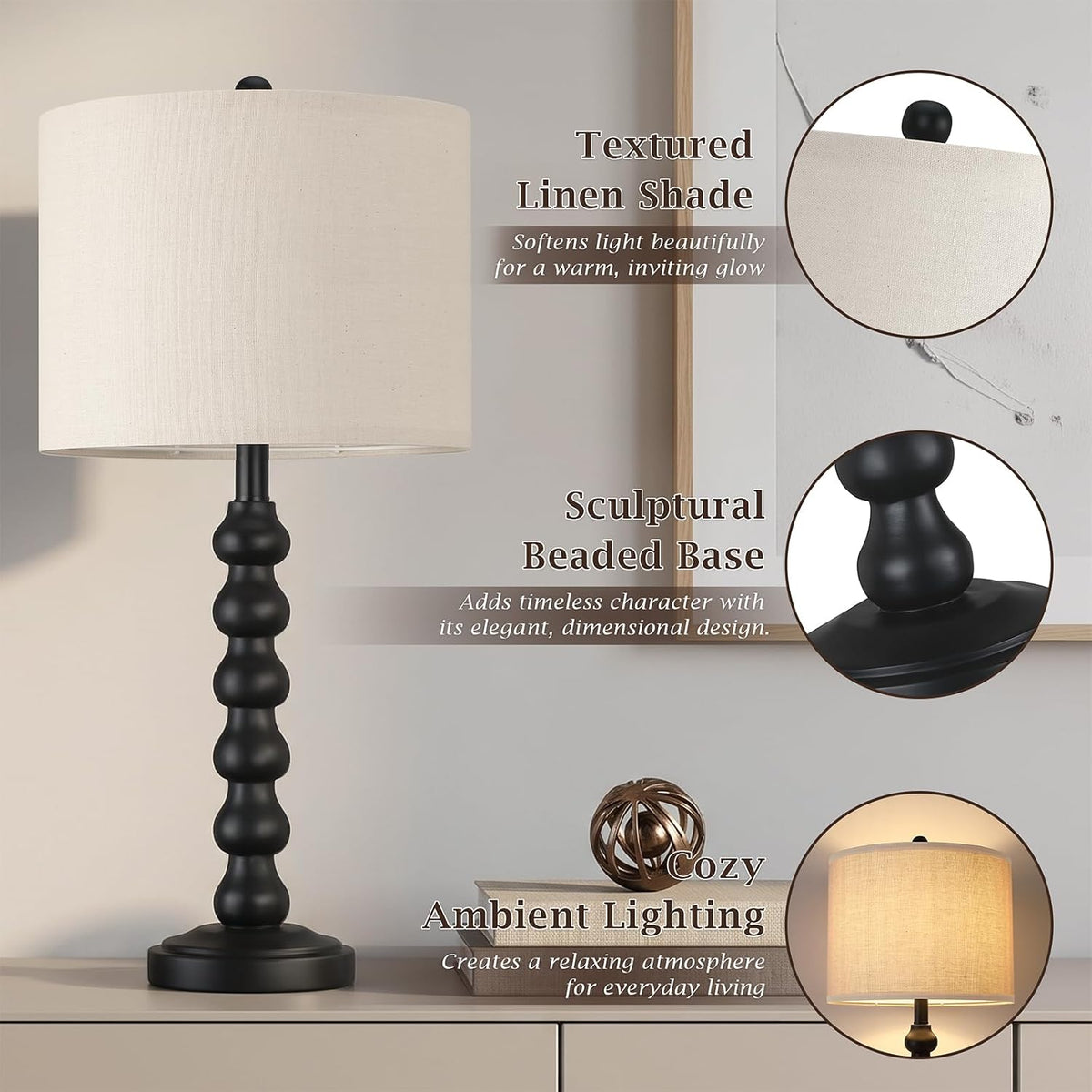 Lovlast 27" Farmhouse Modern Black Table Lamps for Living Room Bedroom