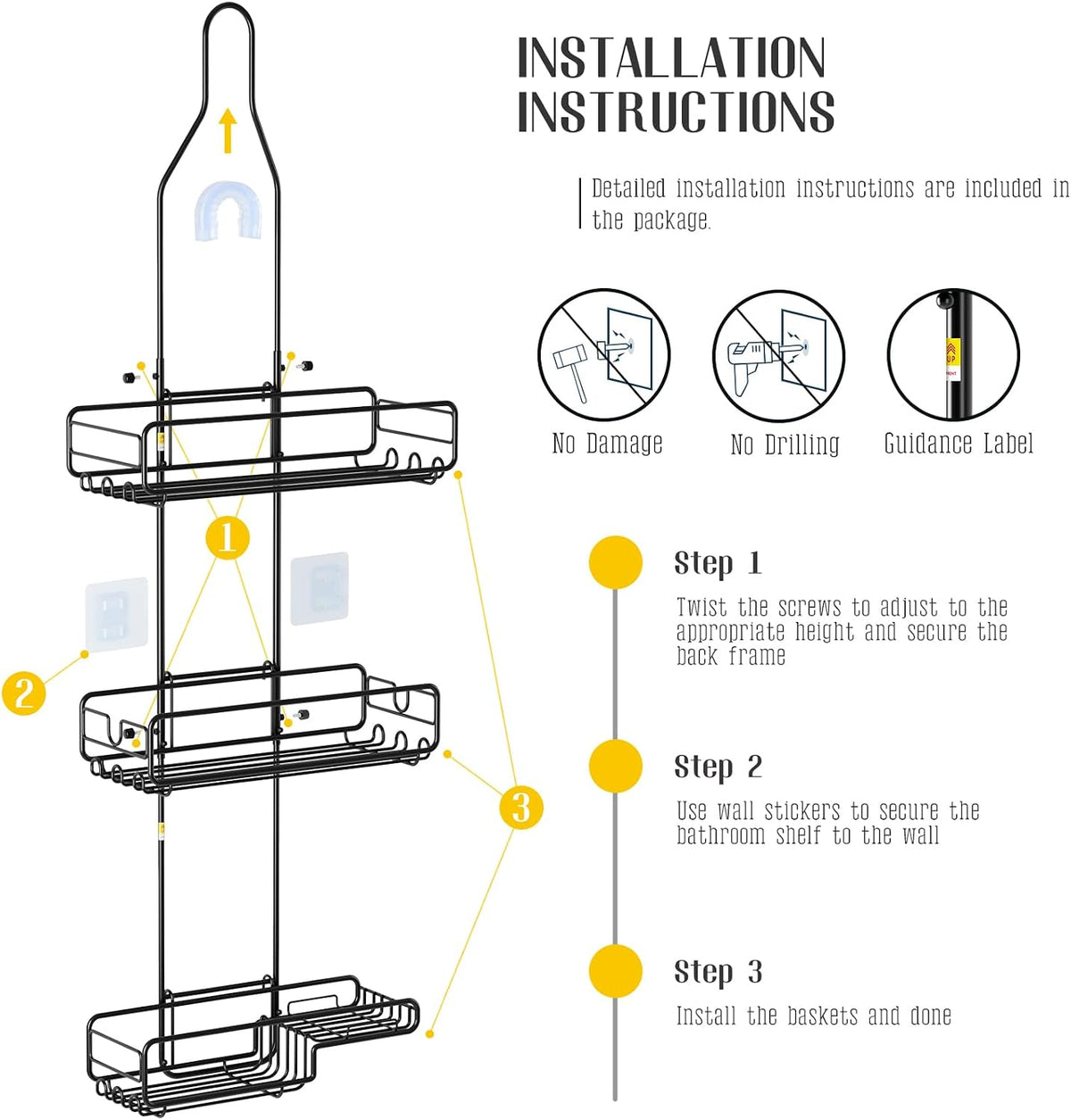 Skyapex Shower Caddy Hanging Bathroom Organizer: Over Head Adjustable Rack for Tall Showerhead - Extra Large Storage Shelf for Big Shampoo Bottles with Soap Holder