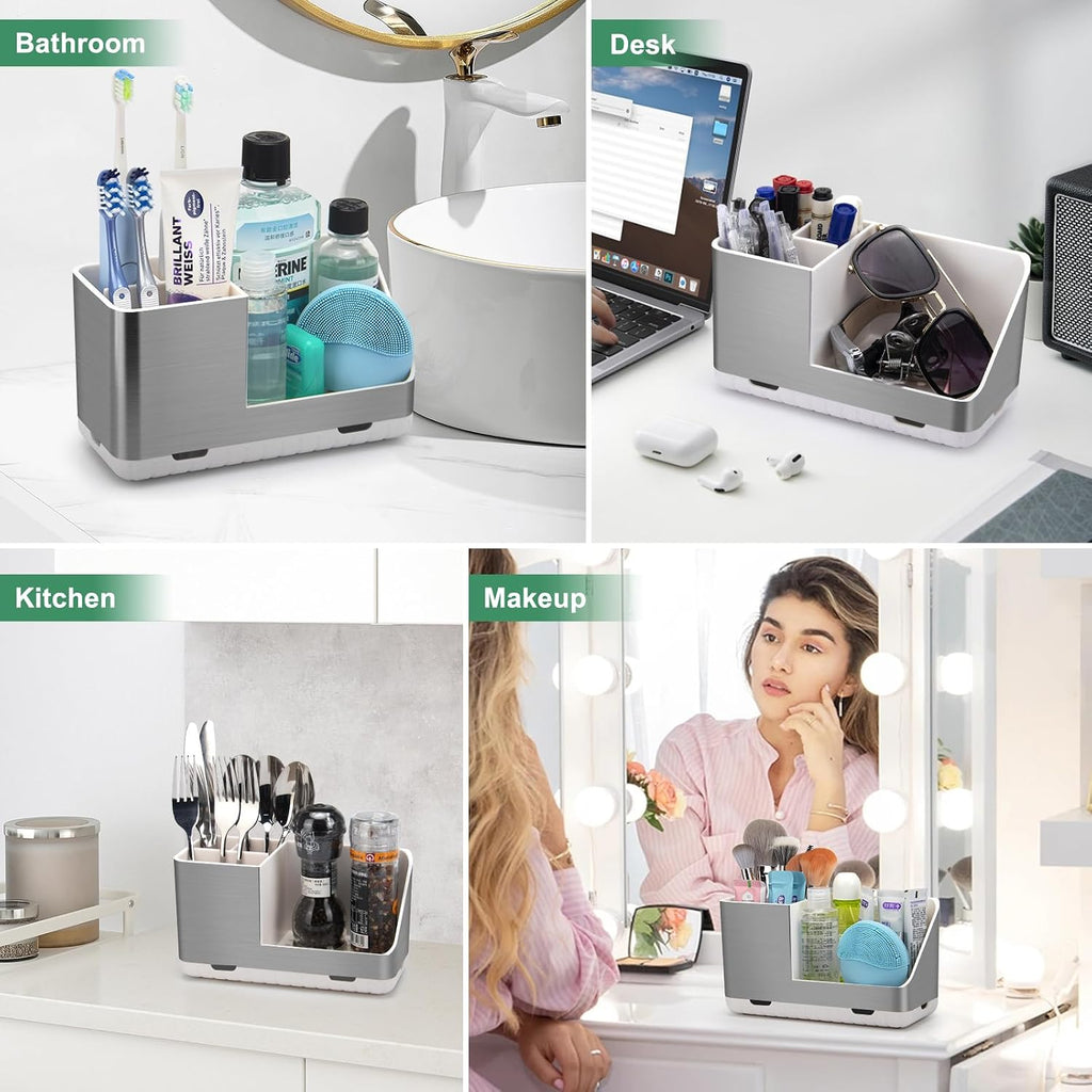 Toothbrush Holders for Bathroom Countertop Organizer (Brushed Silver Grain)
