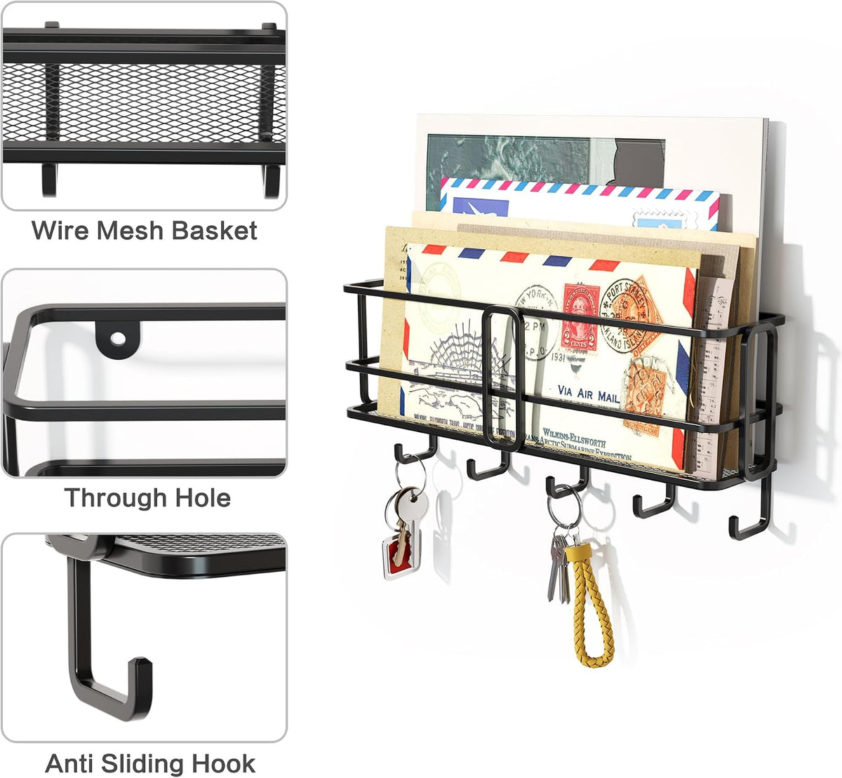 SRIWATANA Key Holder Wall Mount with 5 Hooks, Metal Mail Organizer, Black