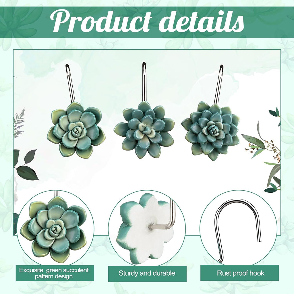 Amyhill 12 Pcs Succulents Plants Decorative Cute Shower Curtain Hooks Mini Succulents Green Shower Curtain Rings Bulk Hanger Stainless Steel Resin Plant Theme Hooks for Bathroom Bedroom Home Decor