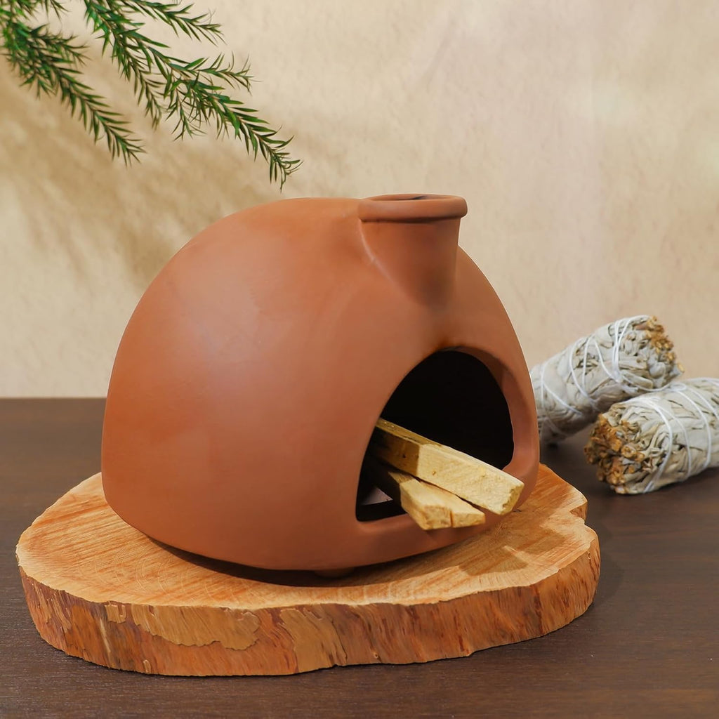 Large Terracotta Palo Santo Holder - Chiminea Incense Dish with Chimney