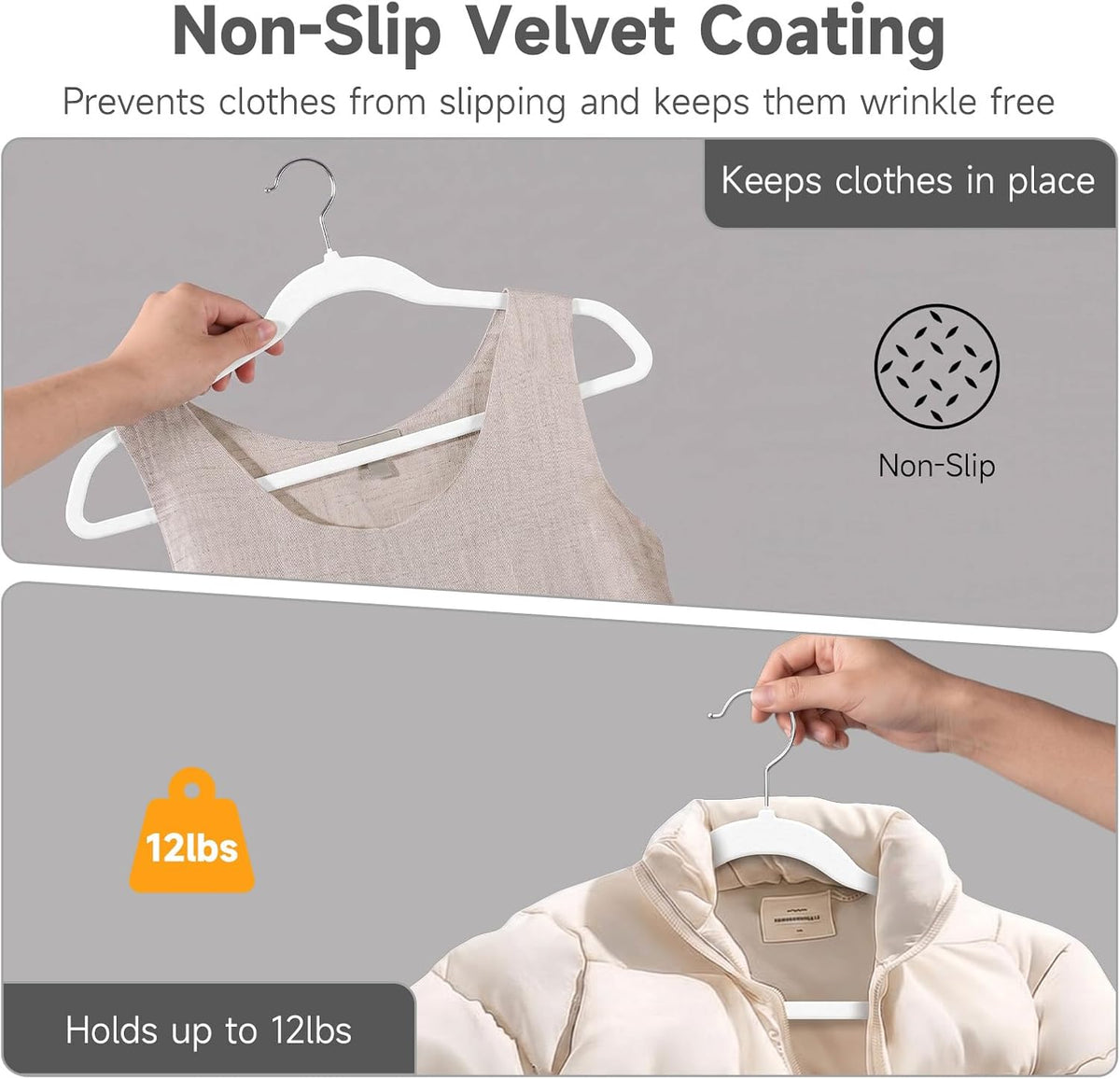 Whitmor Spacemaker Flocked Clothes Hangers – Velvet Like Heavy Duty Coat Hangers, Slim Non-Slip Suit Hangers, Contoured Shoulder Design, White, 20 Pack
